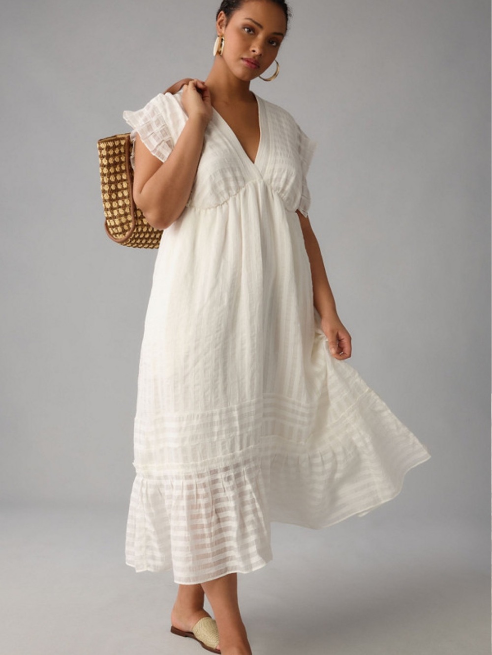 By Anthropologie textured White V-Neck Midi Dress - Picture 2 of 8